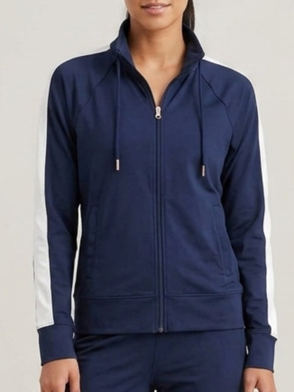 Aerie Fastrack Navy And White Athletic Zip Up with Rose Gold Zipper